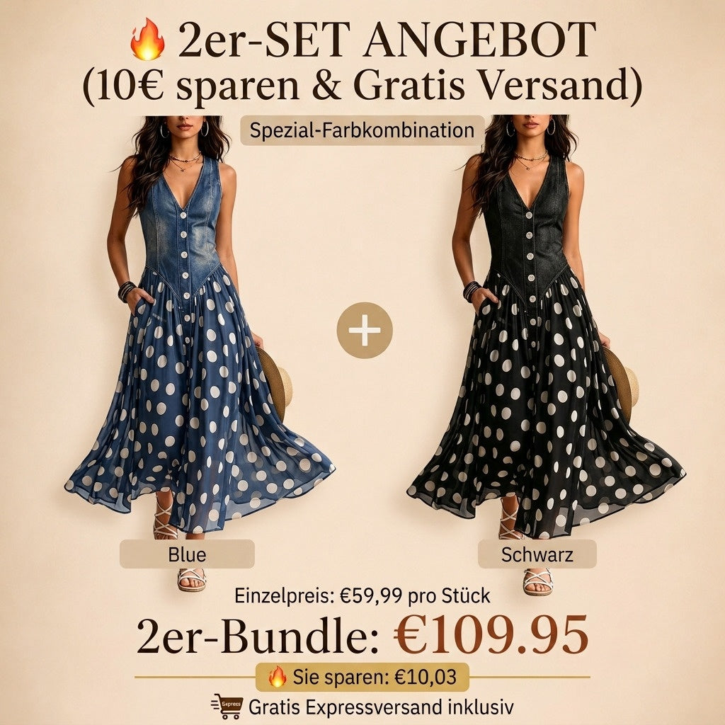 🔥 BUT 2 GET 10% OFF 🔥 Sienna Retro Maxi Dress – Elegant Denim-Inspired Bodice with Polka Dot Chiffon Skirt & Button Detail