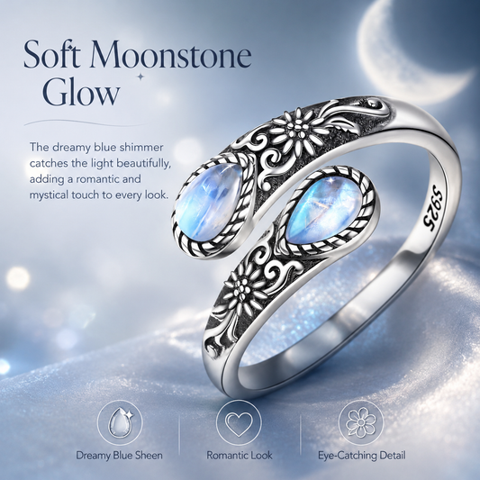 💥 BUT 2 GET 10% 💥Moonstone Bloom Ring | Vintage Style • Adjustable Fit • Timeless Elegance