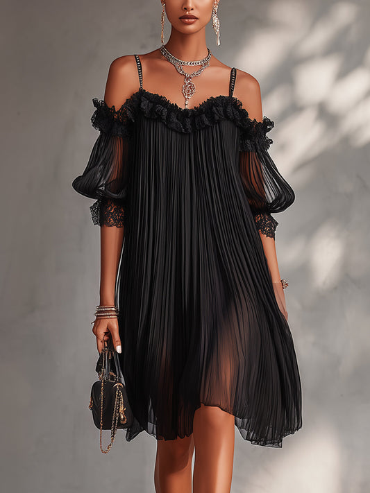 🔥 BUT 2 GET 10% OFF 🔥 Vittoria | Off-Shoulder Black Chiffon Mini Dress with Lace Trim