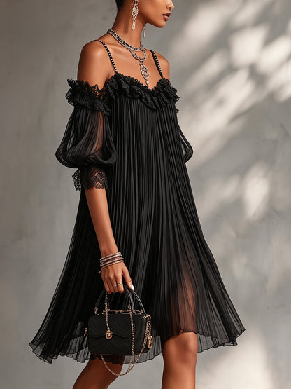 🔥 BUT 2 GET 10% OFF 🔥 Vittoria | Off-Shoulder Black Chiffon Mini Dress with Lace Trim