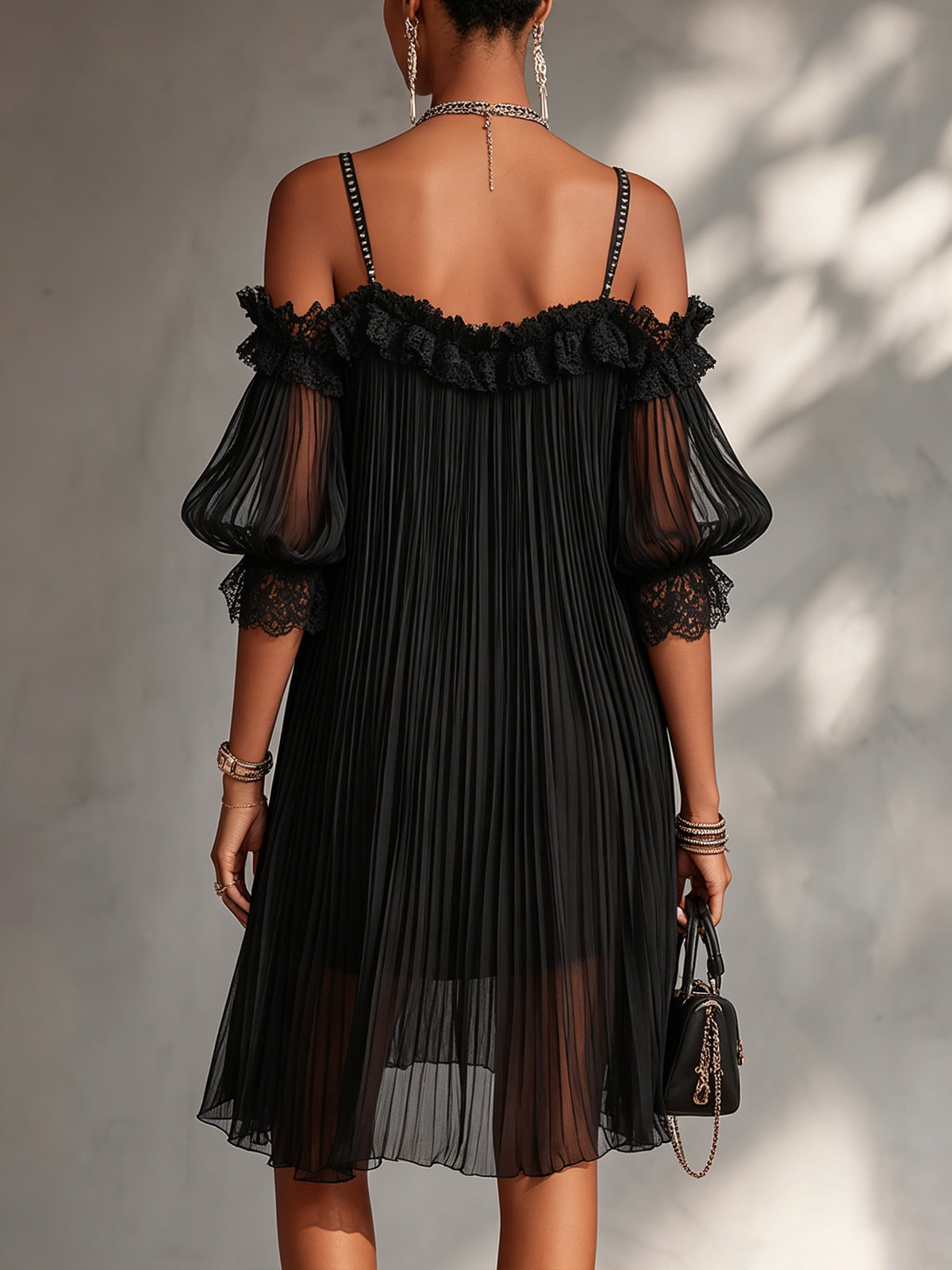 🔥 BUT 2 GET 10% OFF 🔥 Vittoria | Off-Shoulder Black Chiffon Mini Dress with Lace Trim