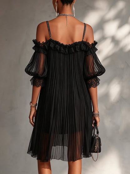 🔥 BUT 2 GET 10% OFF 🔥 Vittoria | Off-Shoulder Black Chiffon Mini Dress with Lace Trim