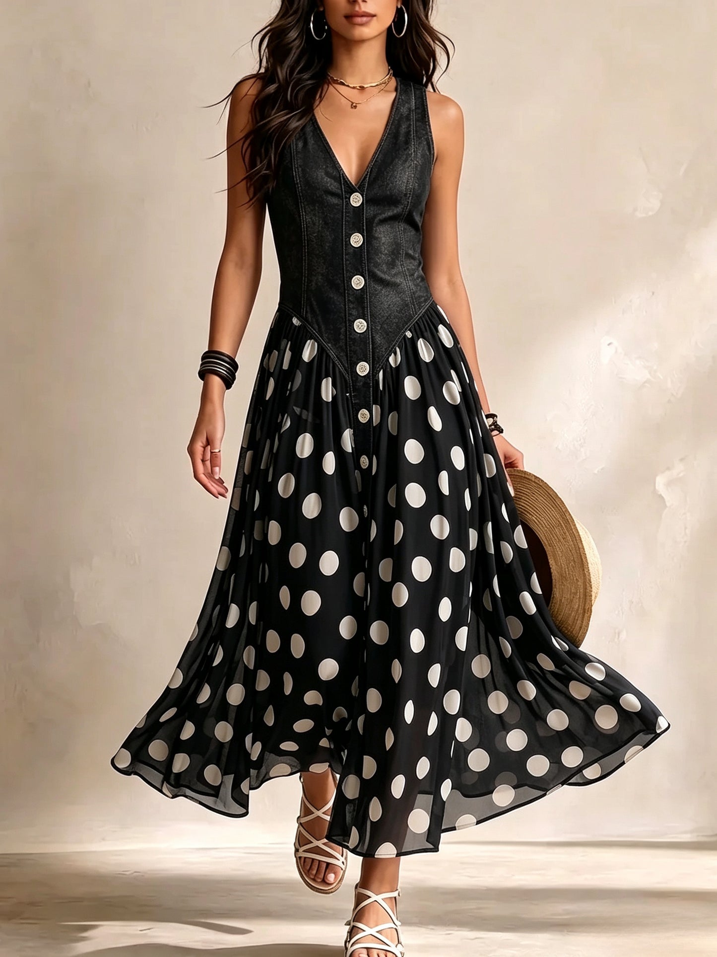 🔥 BUT 2 GET 10% OFF 🔥 Sienna Retro Maxi Dress – Elegant Denim-Inspired Bodice with Polka Dot Chiffon Skirt & Button Detail