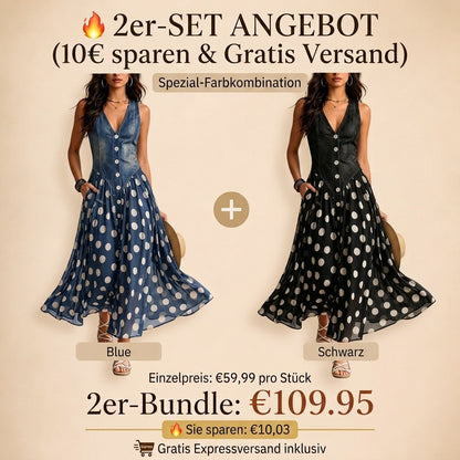 🔥 BUT 2 GET 10% OFF 🔥 Sienna Retro Maxi Dress – Elegant Denim-Inspired Bodice with Polka Dot Chiffon Skirt & Button Detail