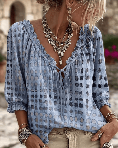 🔥 BUT 2 GET 10% OFF 🔥 Women’s Polka Dot Blouse with V-Neck, 3/4 Sleeves & Tie Detail