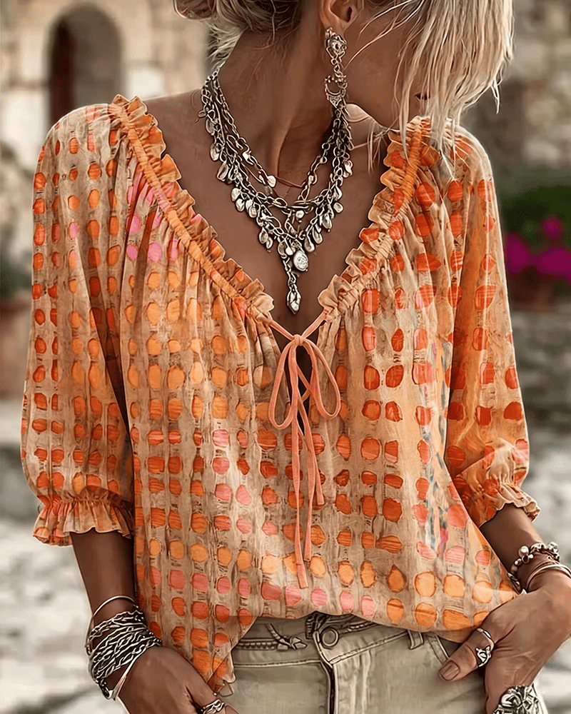 🔥 BUT 2 GET 10% OFF 🔥 Women’s Polka Dot Blouse with V-Neck, 3/4 Sleeves & Tie Detail