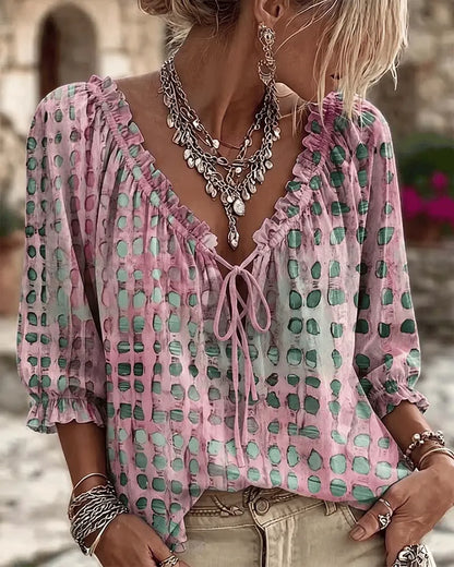 🔥 BUT 2 GET 10% OFF 🔥 Women’s Polka Dot Blouse with V-Neck, 3/4 Sleeves & Tie Detail