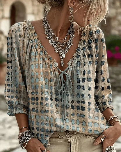 🔥 BUT 2 GET 10% OFF 🔥 Women’s Polka Dot Blouse with V-Neck, 3/4 Sleeves & Tie Detail