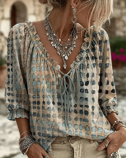 🔥 BUT 2 GET 10% OFF 🔥 Women’s Polka Dot Blouse with V-Neck, 3/4 Sleeves & Tie Detail
