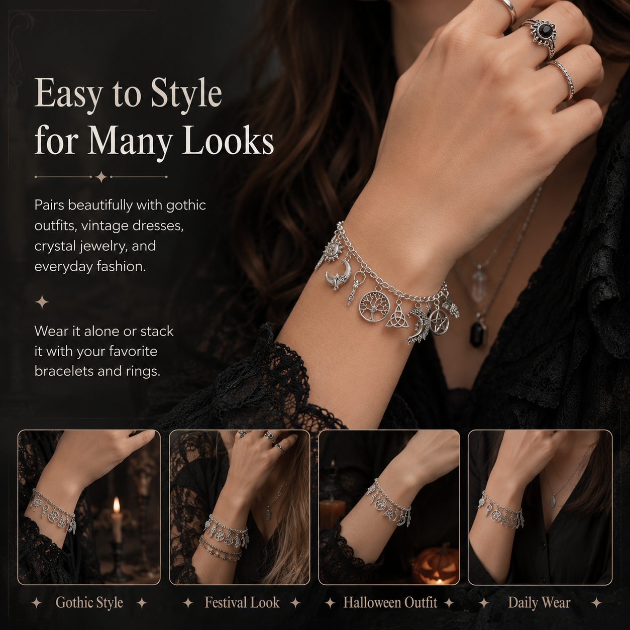 🔥 BUT 2 GET 10% 🔥 Vintage Witchy Charm Bracelet | Celestial Gothic Boho Jewelry for Women