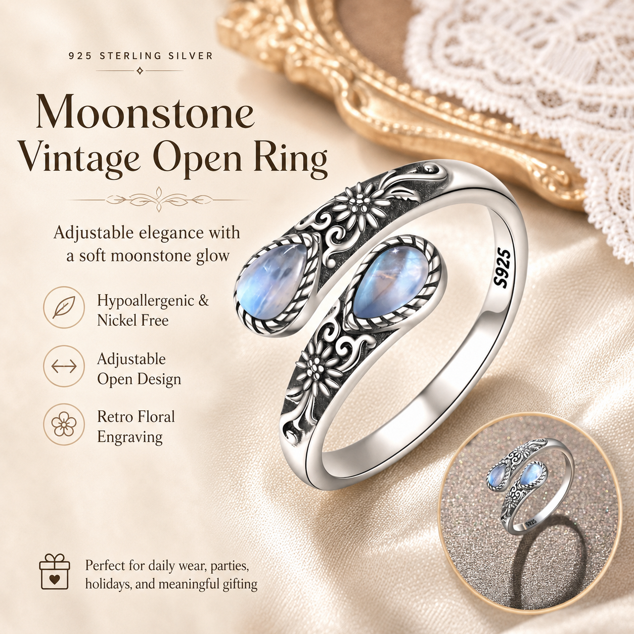 💥 BUT 2 GET 10% 💥Moonstone Bloom Ring | Vintage Style • Adjustable Fit • Timeless Elegance