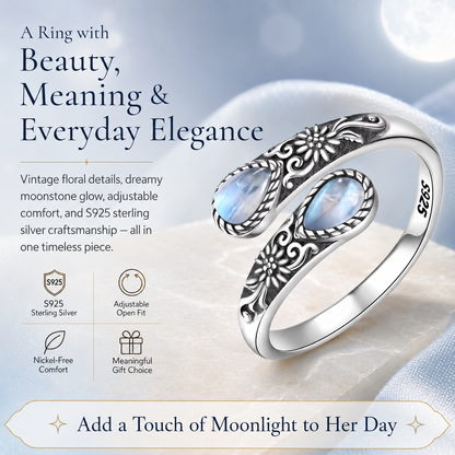 💥 BUT 2 GET 10% 💥Moonstone Bloom Ring | Vintage Style • Adjustable Fit • Timeless Elegance