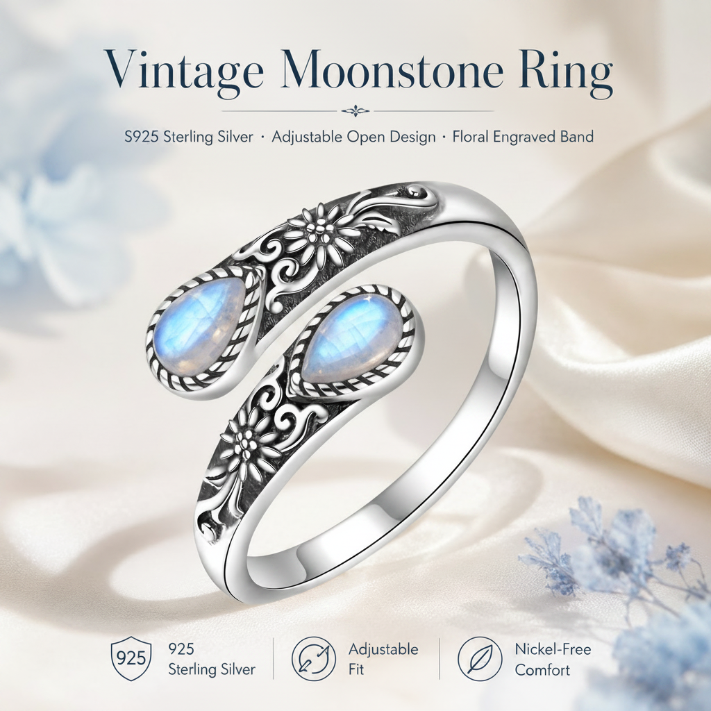 💥 BUT 2 GET 10% 💥Moonstone Bloom Ring | Vintage Style • Adjustable Fit • Timeless Elegance