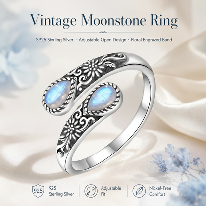 💥 BUT 2 GET 10% 💥Moonstone Bloom Ring | Vintage Style • Adjustable Fit • Timeless Elegance