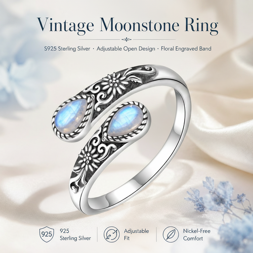 💥 BUT 2 GET 10% OFF 💥Moonstone Bloom Ring | Vintage Style • Adjustable Fit • Timeless Elegance