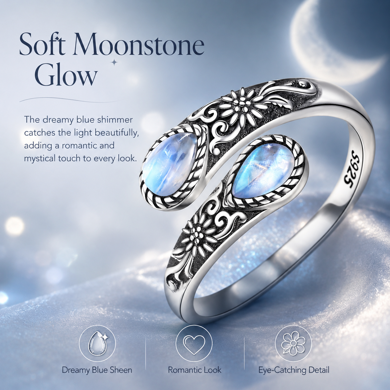 💥 BUT 2 GET 10% 💥Moonstone Bloom Ring | Vintage Style • Adjustable Fit • Timeless Elegance