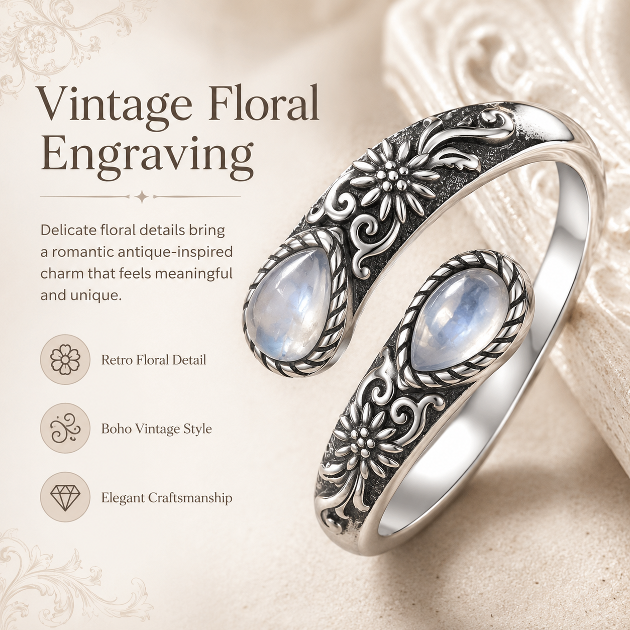 💥 BUT 2 GET 10% 💥Moonstone Bloom Ring | Vintage Style • Adjustable Fit • Timeless Elegance