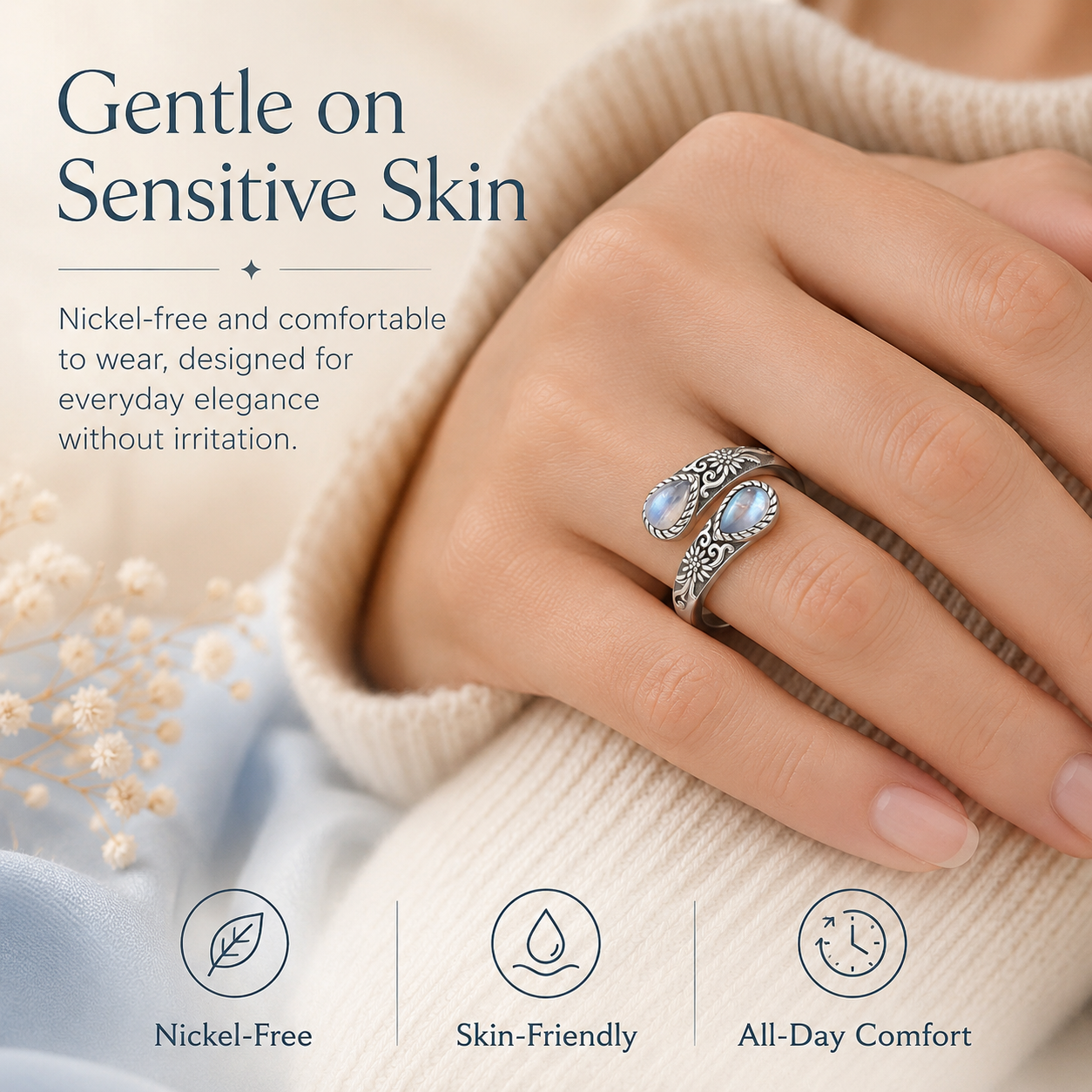 💥 BUT 2 GET 10% 💥Moonstone Bloom Ring | Vintage Style • Adjustable Fit • Timeless Elegance