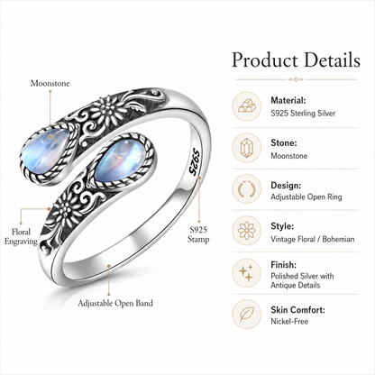 💥 BUT 2 GET 10% 💥Moonstone Bloom Ring | Vintage Style • Adjustable Fit • Timeless Elegance