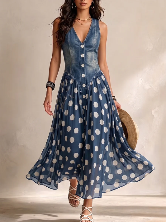 🔥 BUT 2 GET 10% OFF 🔥 Sienna Retro Maxi Dress – Elegant Denim-Inspired Bodice with Polka Dot Chiffon Skirt & Button Detail