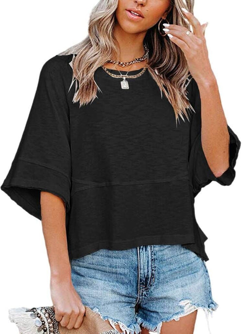 Panel Solid Color Flared Sleeve T-Shirt