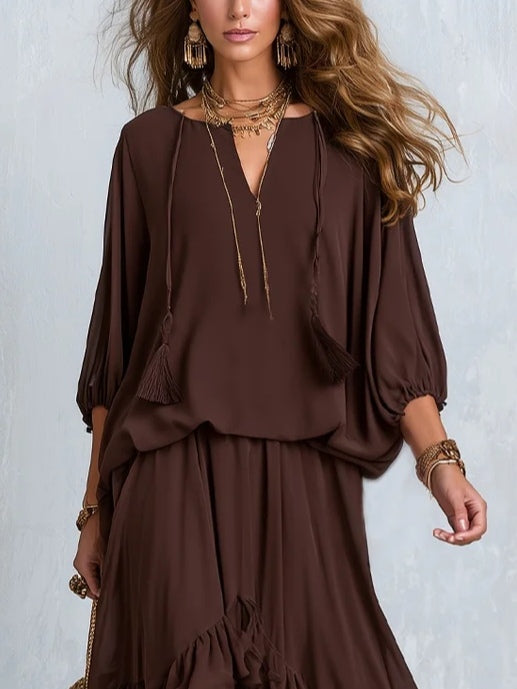 🔥 BUT 2 GET 10% OFF 🔥 Brown Chiffon Tassel Drawstring V-neck Top Paired With A Ruffled Layered Skirt Set
