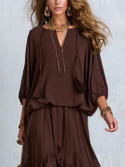 🔥 BUT 2 GET 10% OFF 🔥 Brown Chiffon Tassel Drawstring V-neck Top Paired With A Ruffled Layered Skirt Set