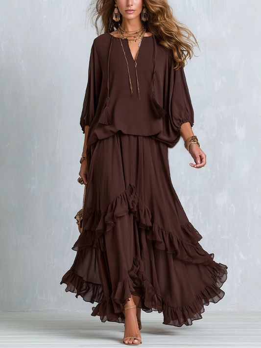 🔥 BUT 2 GET 10% OFF 🔥 Brown Chiffon Tassel Drawstring V-neck Top Paired With A Ruffled Layered Skirt Set