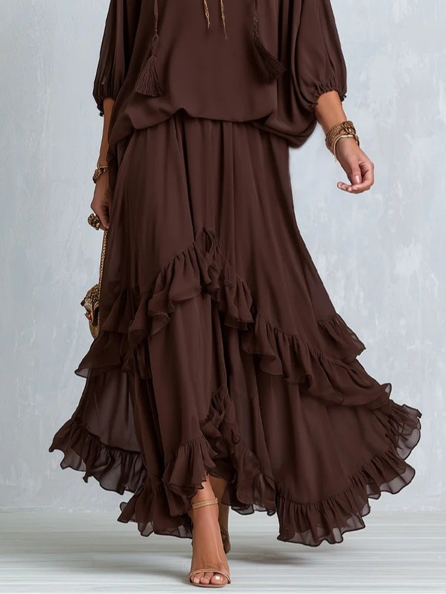 🔥 BUT 2 GET 10% OFF 🔥 Brown Chiffon Tassel Drawstring V-neck Top Paired With A Ruffled Layered Skirt Set