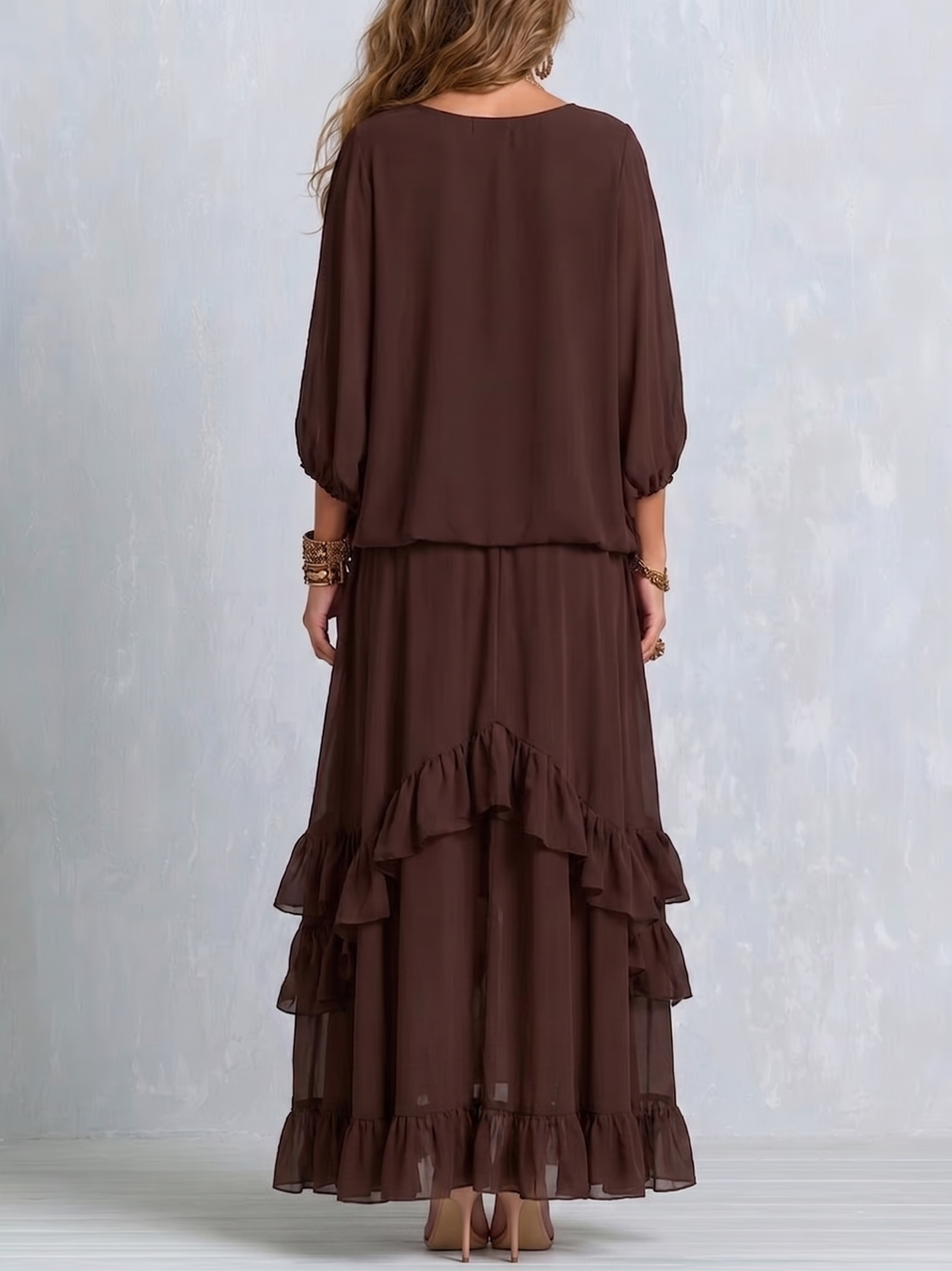 🔥 BUT 2 GET 10% OFF 🔥 Brown Chiffon Tassel Drawstring V-neck Top Paired With A Ruffled Layered Skirt Set