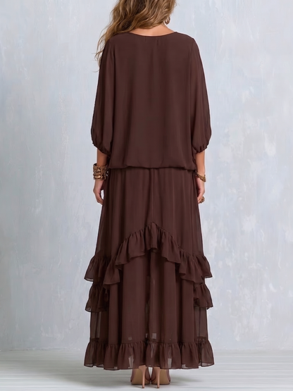 🔥 BUT 2 GET 10% OFF 🔥 Brown Chiffon Tassel Drawstring V-neck Top Paired With A Ruffled Layered Skirt Set