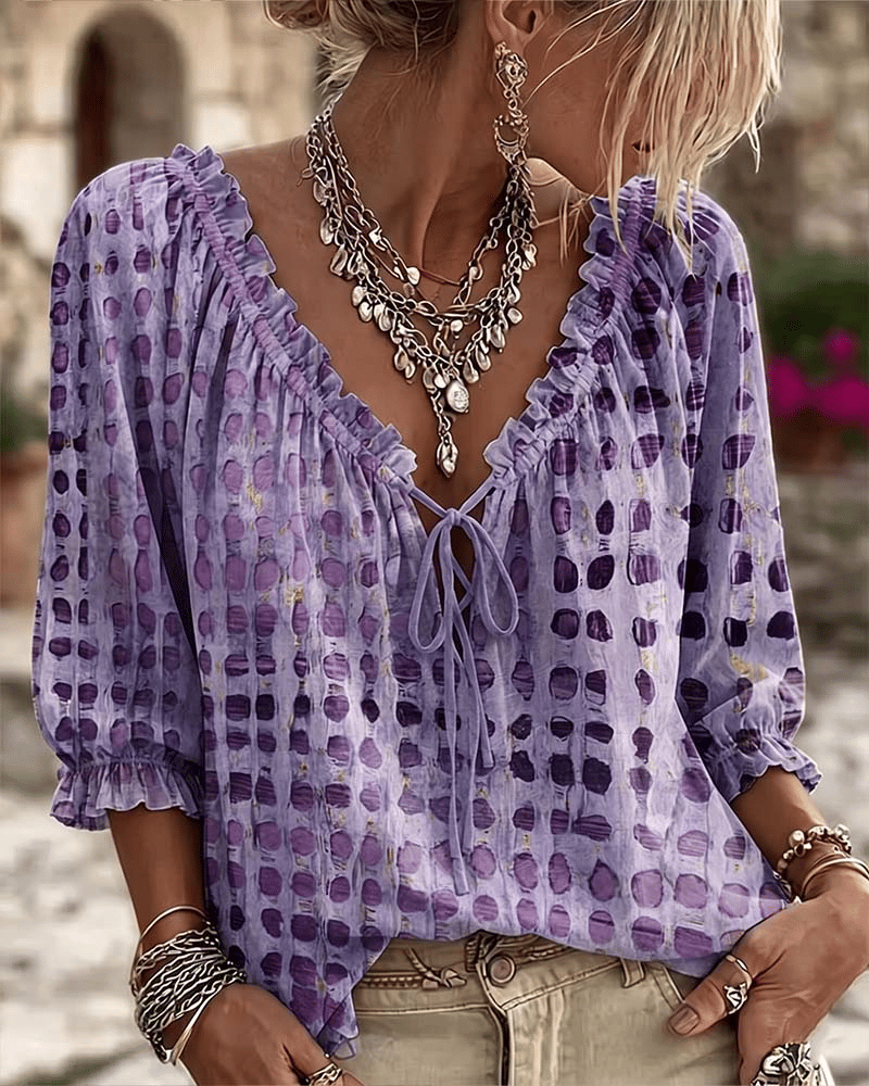 🔥 BUT 2 GET 10% OFF 🔥 Women’s Polka Dot Blouse with V-Neck, 3/4 Sleeves & Tie Detail